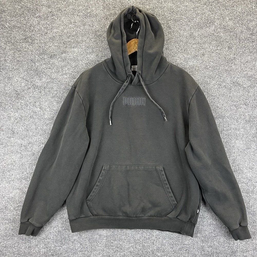 PUMA Hoodie Mens Large Black Raised Script Logo Y2K Minimalist Basic Baggy